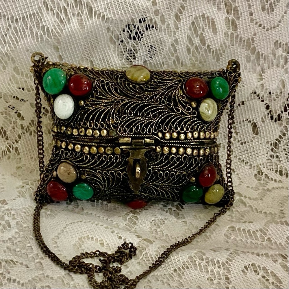Brass Metal with Multicolor Agate Purse-Crossbody 5in x 3.5in x 2in
